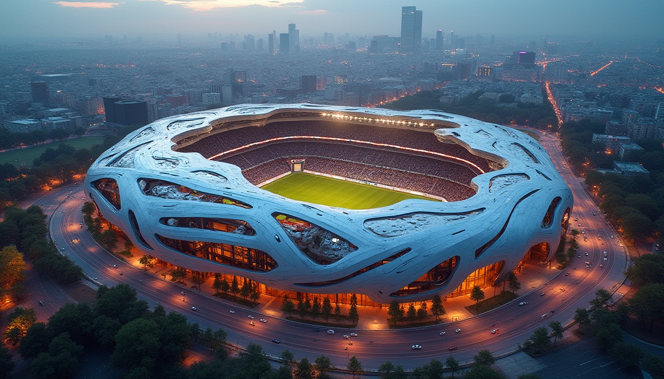 Prompt: Deconstructivist soccer stadium, futuristic, irregular shape, fragmented structures, sharp angles, bold curves, metallic materials, reflective surfaces, LED lights, dynamic shadows, abstract patterns, urban landscape, cityscape, dense skyscrapers, busy streets, evening atmosphere, warm lighting, dramatic composition, low-angle shot, wide-angle lens.