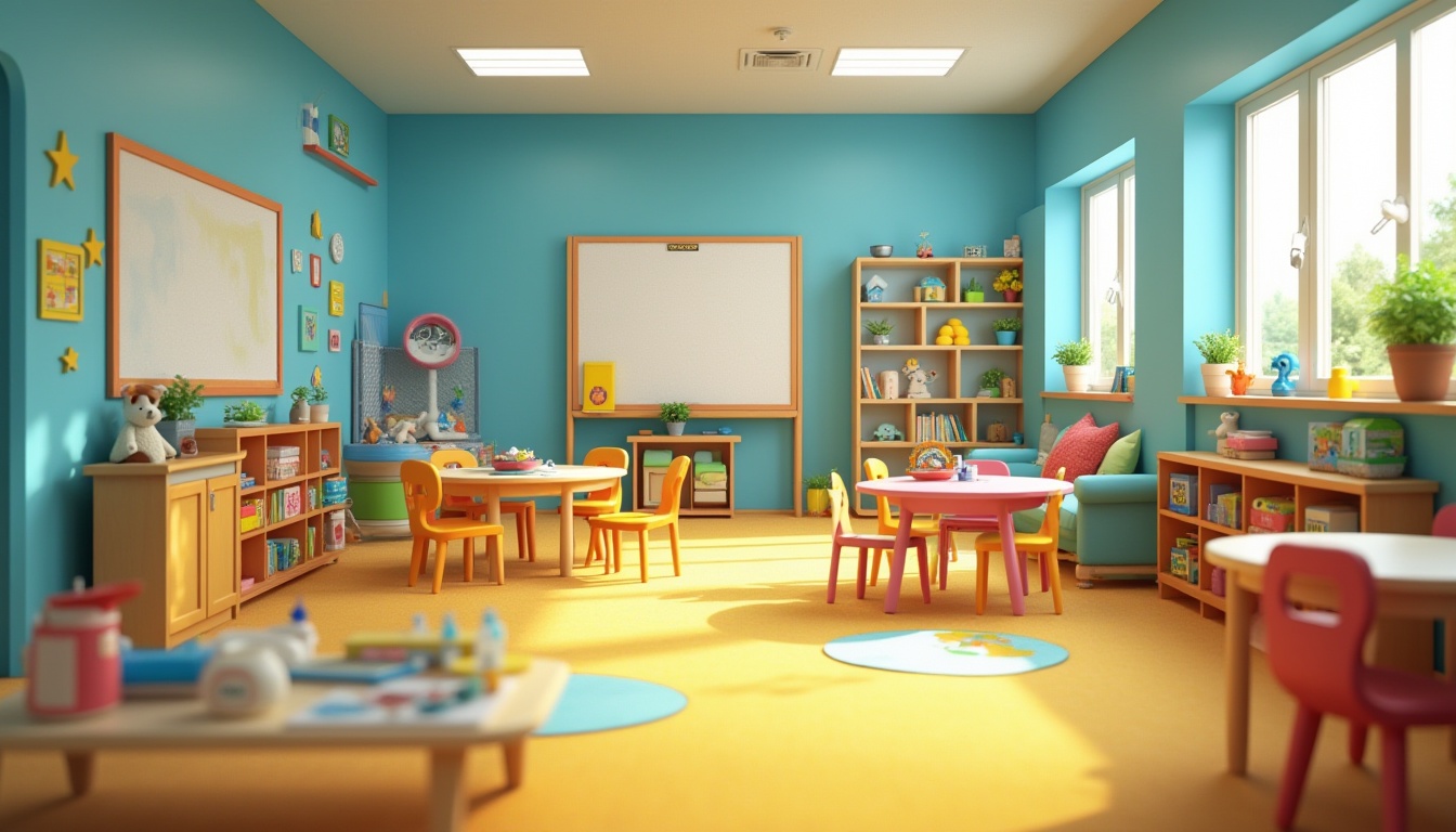 Prompt: Colorful kindergarten classroom, playful learning environment, rounded edges furniture, vibrant blue walls, soft yellow carpet, various toys scattered, building blocks corner, bookshelves with stuffed animals, interactive whiteboard, kid-sized tables and chairs, art station with paints and crayons, cozy reading nook with pillows, natural light pouring in through large windows, green plants on shelves, gentle morning sunlight, warm atmosphere, shallow depth of field, soft focus, pastel colors, whimsical composition.