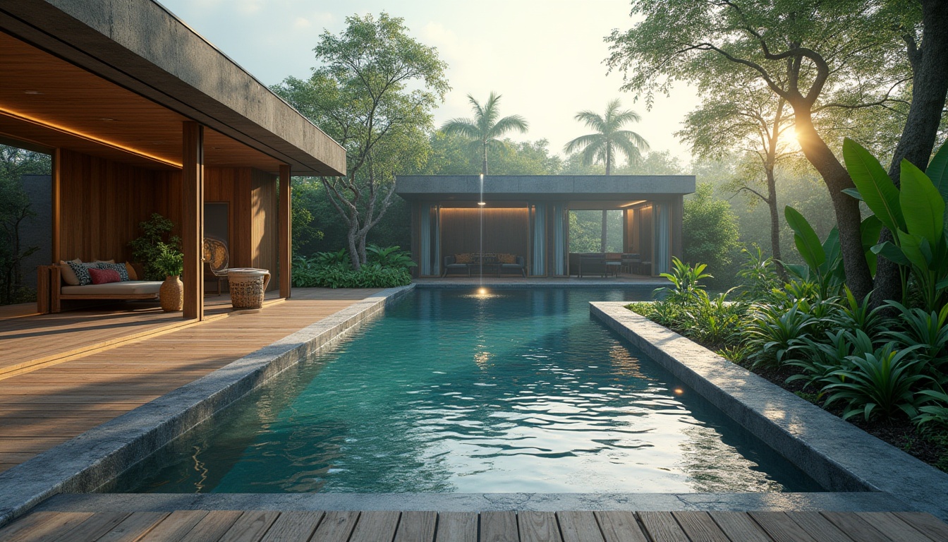 Prompt: Sustainable swimming pool, modern architecture, eco-friendly, natural stone, wooden decking, lush greenery surroundings, tropical plants, waterfall feature, saltwater system, energy-efficient pumps, solar panels, recycled materials, minimalist design, infinity edge, serene atmosphere, warm lighting, early morning, misty ambiance, subtle shadows, soft focus, realistic rendering.