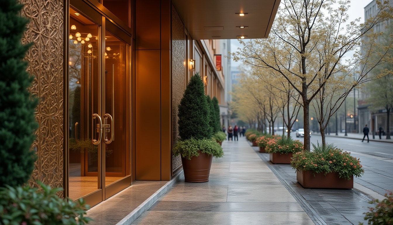 Prompt: Bronze-colored building, modern architecture, luxurious, grand entrance, ornate bronze door handles, intricate bronze patterns on walls, bronze-colored glass windows, reflective surface, cityscape, urban landscape, cloudy day, warm lighting, 3/4 composition, shallow depth of field, contrast between bronze and greenery, vibrant flowers in planters, pedestrian path, stone pavement, atmospheric mist.