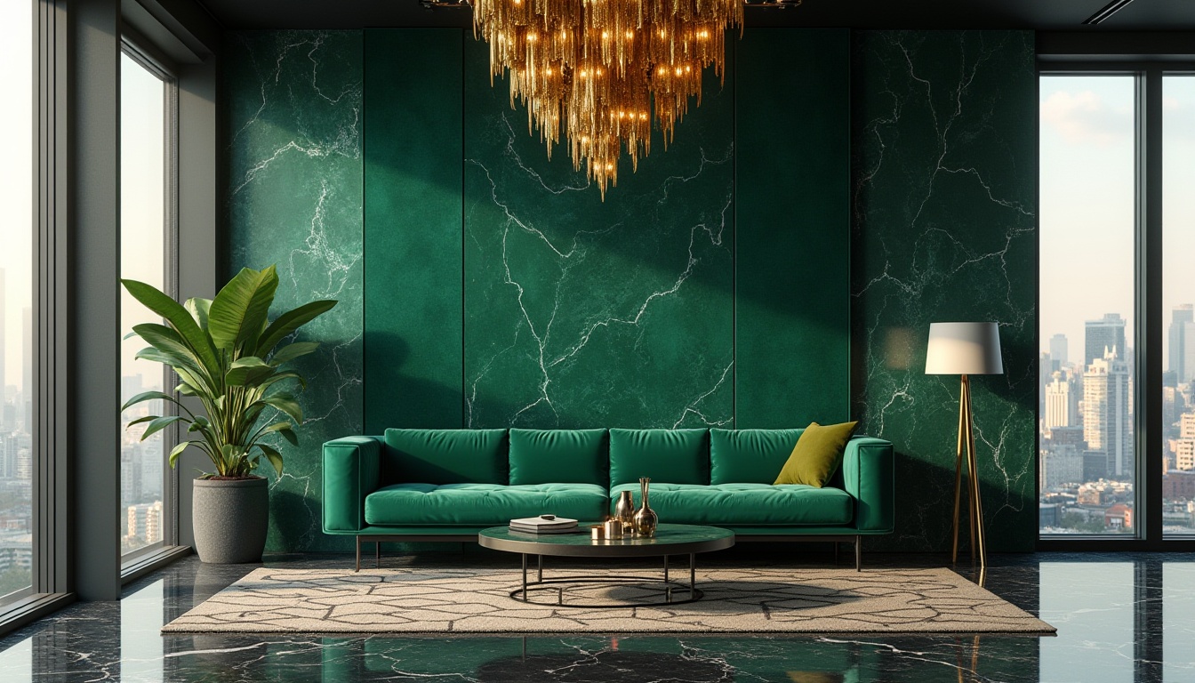 Prompt: Malachite green accent wall, luxurious modern interior, sleek black marble floors, ornate golden chandelier, velvet emerald green sofa, minimalist coffee table, abstract geometric patterned rug, floor-to-ceiling windows, cityscape view, morning soft light, 3/4 composition, cinematic ambiance, rich textures, sophisticated atmosphere.