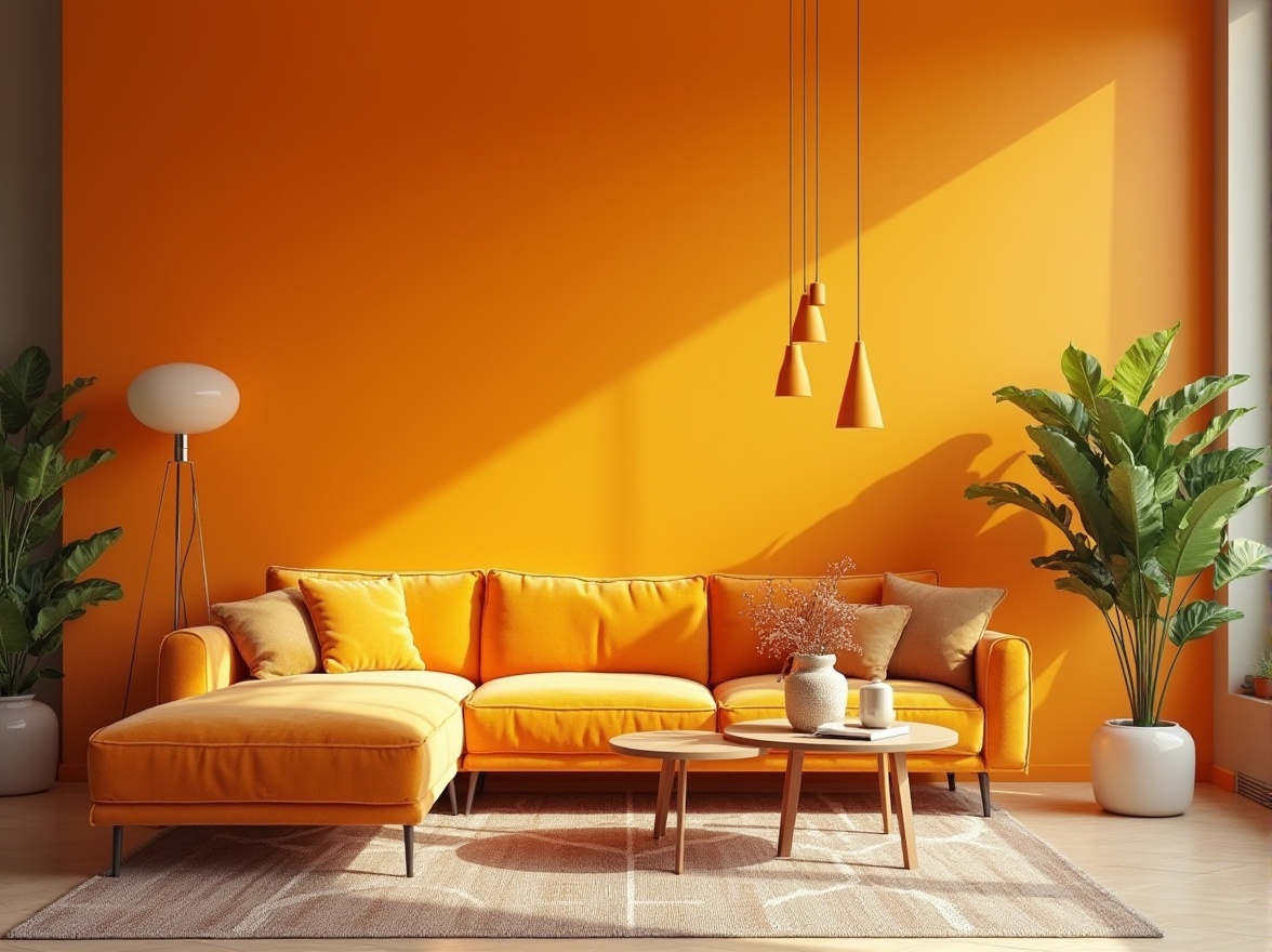 Prompt: Vibrant tangerine color scheme, modern interior design, trendy living room, bright orange-yellow hue walls, sleek low-profile sofa, velvet upholstery, geometric patterned rug, minimalist coffee table, decorative vases, greenery plants, natural light pouring in through floor-to-ceiling windows, urban loft atmosphere, 3/4 composition, warm softbox lighting, shallow depth of field.