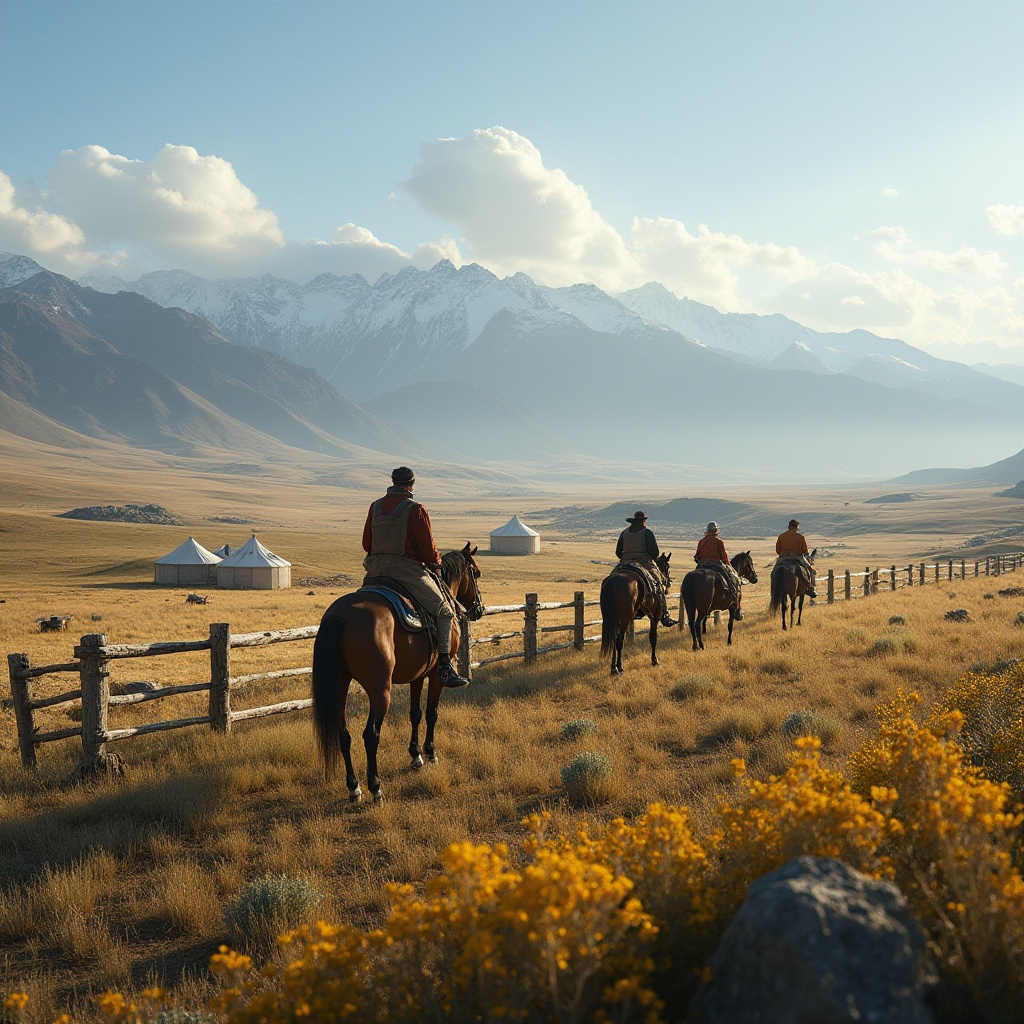 Prompt: Plateau regions, rugged terrain, vast grasslands, distant snow-capped mountains, rustic wooden fences, scattered wildflowers, nomadic tribes, traditional yurts, horseback riding, warm sunlight, gentle breeze, panoramic view, 3/4 composition, soft lighting, cinematic atmosphere, ambient sound of wind whispers, natural textures, earthy tones.