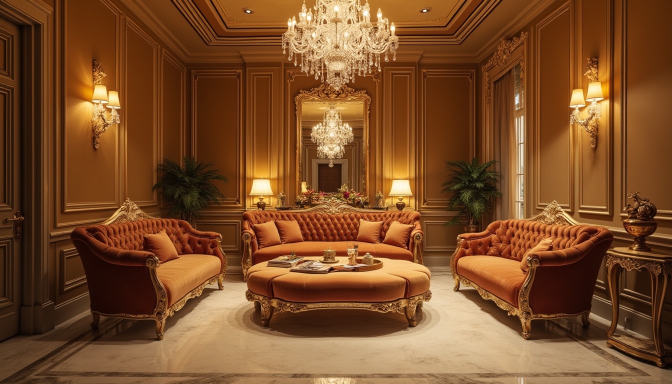 Prompt: Luxurious interior, golden color palette, elegant atmosphere, lavish furniture, velvet sofa, intricate carvings, marble floor, crystal chandelier, ornate mirror, soft warm lighting, subtle shadows, 3/4 composition, low angle shot, cinematic feel, rich textures, sophisticated ambiance.