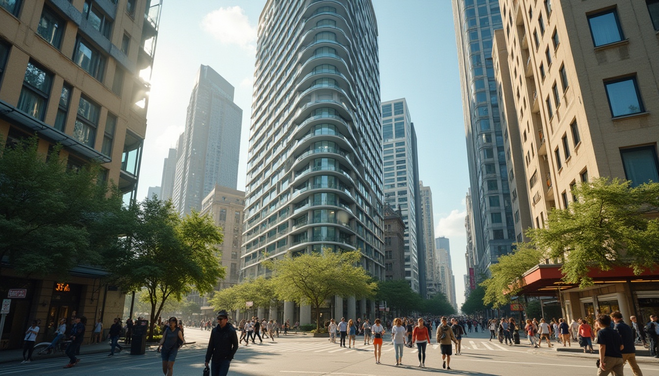 Prompt: Urban cityscape, khaki color tone, modern skyscraper, sleek glass windows, metallic frames, busy streets, pedestrians in casual wear, sunglasses, backpacks, urban jungle, greenery amidst concrete, sunny day, soft shadows, 3/4 composition, shallow depth of field, warm natural light, cinematic atmosphere.