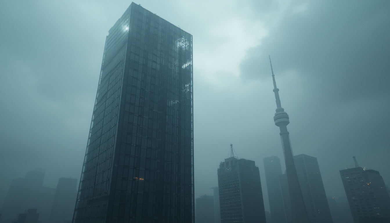 Prompt: Dark gray skyscraper, watching tower, modern architecture, sleek design, geometric shape, glass windows, steel frame, urban cityscape, cloudy sky, dramatic lighting, low-angle shot, cinematic composition, detailed texture, realistic rendering, atmospheric mist.