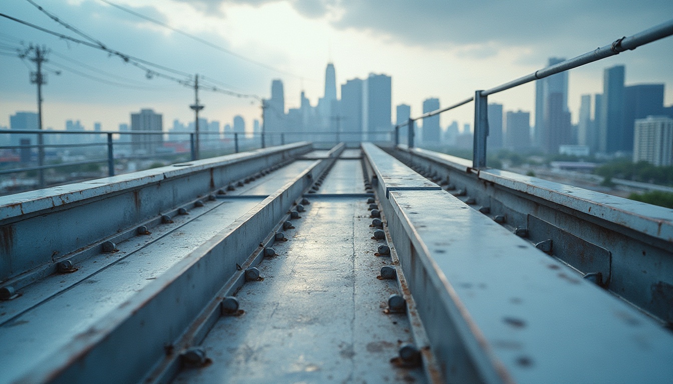 Prompt: modern galvanized steel structure, industrial material, metallic texture, silver-gray color, reflective surface, corrugated metal sheets, angular lines, geometric shapes, urban cityscape, skyscraper, contemporary architecture, rooftop view, cloudy sky, natural light, low-angle shot, dramatic composition, high-contrast lighting.