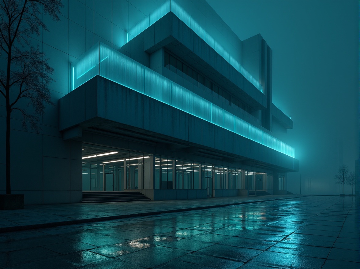 Prompt: Modern architectural building, dark cyan exterior walls, sleek lines, metallic accents, urban cityscape, night scene, neon lights reflecting off glass windows, atmospheric fog, dramatic shadows, abstract composition, low-angle shot, cinematic lighting, futuristic tone, concrete pavement, steel beams, geometric shapes, minimalist decor, bold contrast, mysterious ambiance, high-tech atmosphere.