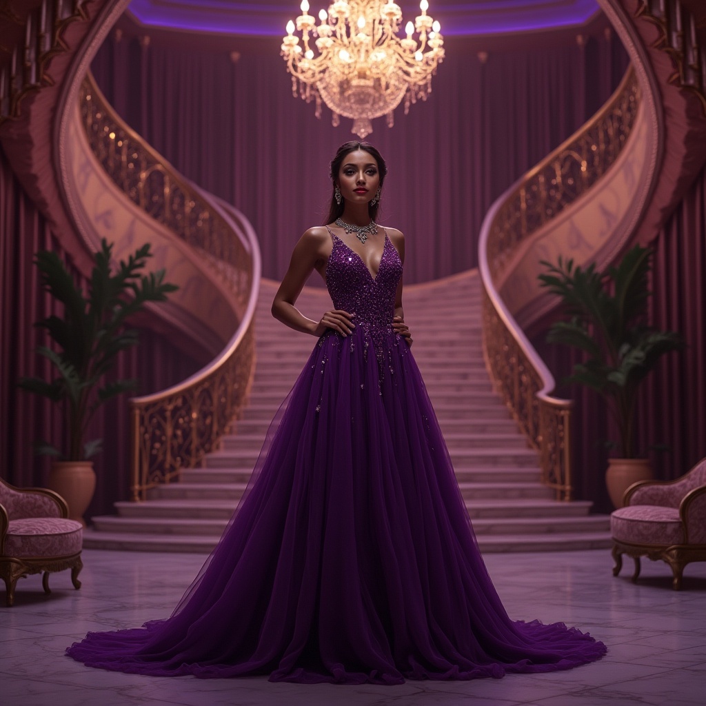 Prompt: Rich amethyst color, luxurious atmosphere, ornate decorations, velvet curtains, crystal chandelier, grand staircase, regal ambiance, lavish furniture, expensive-looking accessories, marble floors, elegant lady, evening gown, diamond necklace, high-end makeup, sophisticated hairstyle, poised posture, dramatic lighting, cinematic composition, shallow depth of field.