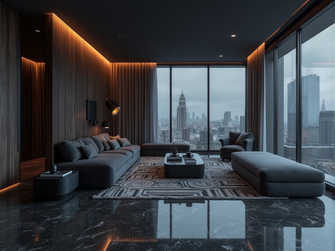 Prompt: Modern dark gray interior, luxurious ambiance, sleek lines, minimalist chic, low-key illumination, marble flooring, velvet sofa, geometric patterned rug, floor-to-ceiling windows, cityscape view, metropolitan high-rise building, 3/4 composition, softbox lighting, cinematic mood, atmospheric depth of field, realistic rendering.