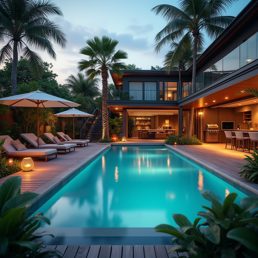 Prompt: Luxurious backyard, modern swimming pool, sunbathing area, lounge chairs, umbrellas, tropical plants, palm trees, wooden decking, glass railings, staircases, outdoor kitchen, BBQ grill, dining table, colorful lanterns, string lights, warm evening ambiance, soft focus, natural lighting, 3/4 composition, shallow depth of field.