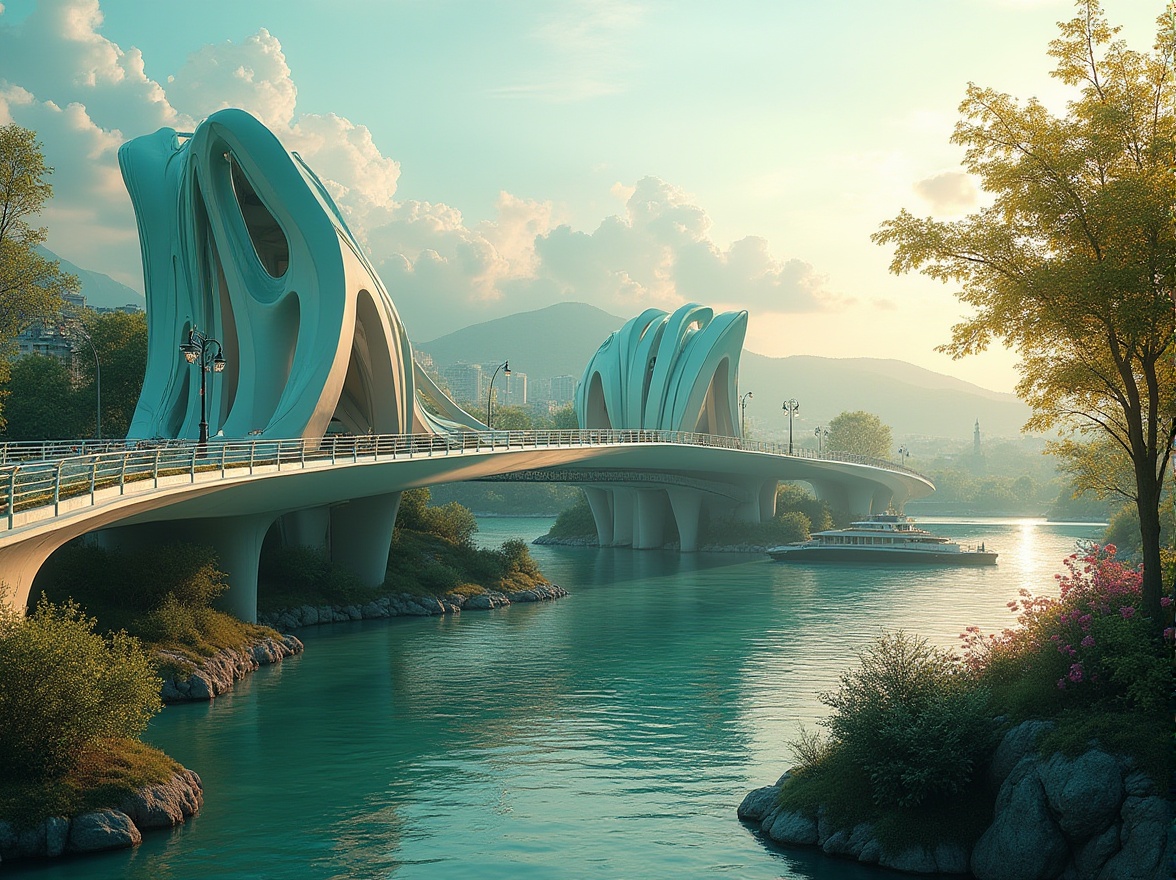 Prompt: Celadon color, unique bridge aesthetics, modern architectural design, curved lines, sleek metal railings, urban cityscape, sunny afternoon, soft warm light, gentle shadows, river flowing beneath, lush greenery, vibrant flowers, ornate lampposts, intricate stonework, majestic arches, subtle water reflections, 3/4 composition, panoramic view, high contrast, cinematic ambiance.