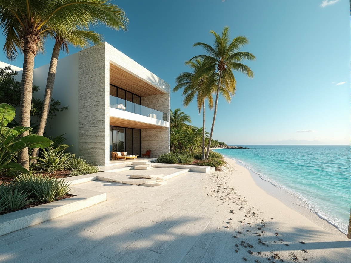 Prompt: Beachside building, modern villa, white brick wall, glass windows, wooden door, palm trees surroundings, sandy beach, turquoise ocean, clear blue sky, bright sunlight, 3/4 composition, low-angle shot, dramatic shadows, textured stone pavement, lush greenery, minimal decor, natural material, tropical atmosphere, warm ambient lighting.