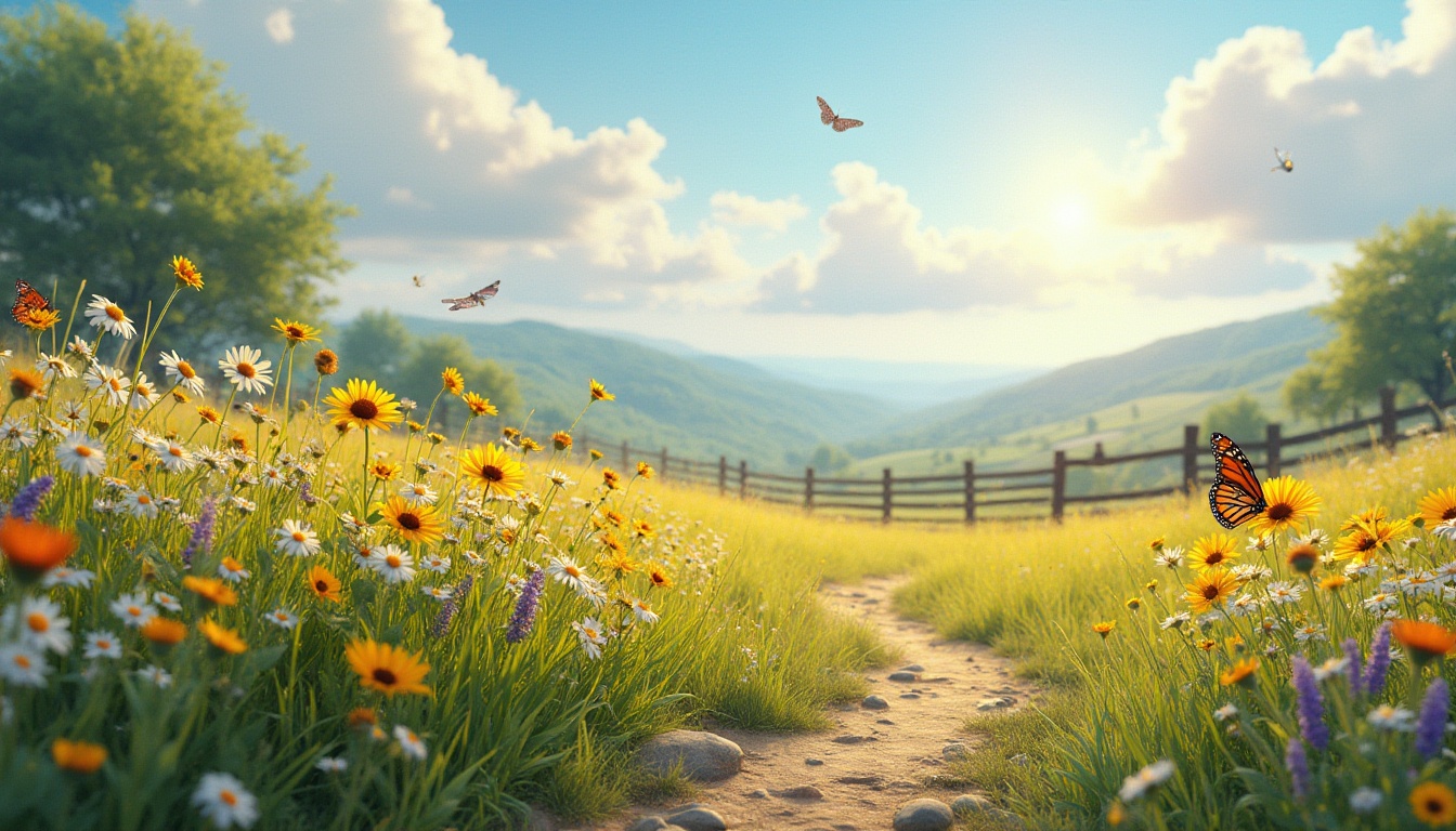 Prompt: Serene meadow, warm sunlight, fluffy white clouds, vibrant colorful flowers (daisies, sunflowers, lavender), soft green grass, gentle breeze, butterflies (monarch, blue morpho) flying around, a few bees collecting nectar, small stones and pebbles scattered on the ground, winding dirt path, old wooden fence in the distance, rolling hills, distant trees (oak, pine) with lush foliage, peaceful ambiance, soft focus, warm lighting, cinematic composition, 3/4 view, shallow depth of field.