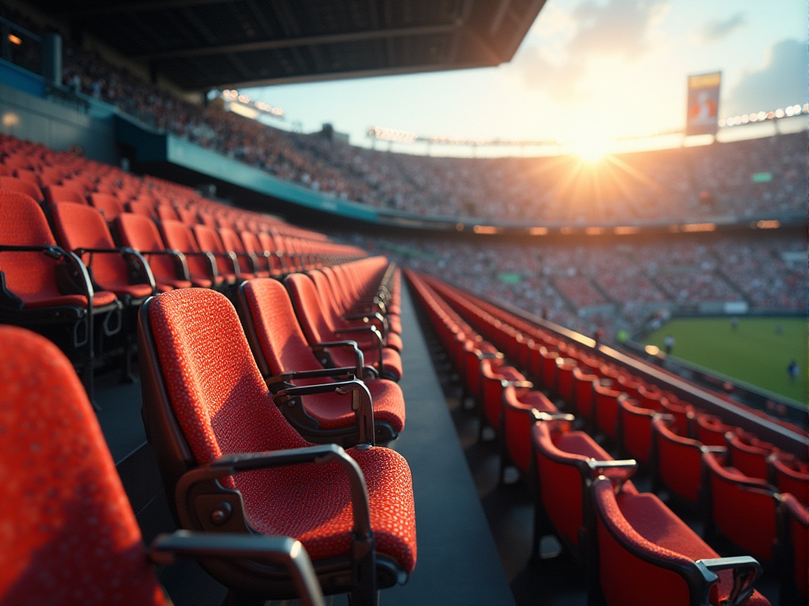 Prompt: Modern stadium interior, grandstand seats, vibrant fabric upholstery, bold stripes pattern, shiny metallic frames, soft cushioning, intricate stitching details, bright LED scoreboard, bustling crowd atmosphere, dynamic shadows, low-angle shot, warm afternoon lighting, realistic reflections on metal surfaces, detailed architecture, contemporary design elements, urban landscape backdrop, cityscape view from upper tiers.