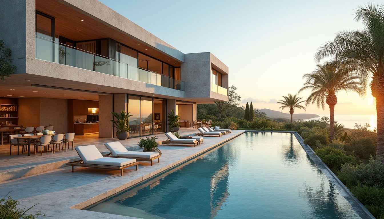 Prompt: Luxurious villa, modern architecture, sleek lines, minimalist design, large windows, sliding glass doors, infinity pool, outdoor lounge area, palm trees, tropical plants, warm lighting, sunset ambiance, 3/4 composition, soft focus, natural texture, stone walls, wooden accents, metal railings, elegant furniture, marble floors, panoramic view, Mediterranean coast, Cyprus island, warm sunny day, gentle breeze.