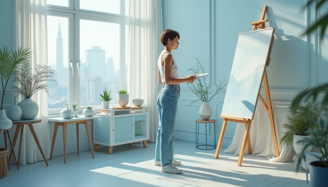 Prompt: Powder blue art studio, modern minimalist interior, solo female artist, 25yo, short bobbed hair, subtle makeup, white tank top, high-waisted jeans, sneakers, paint-stained hands, standing, holding a palette, natural light pouring through large windows, cityscape view, gentle curtains blowing in the breeze, wooden easel, half-finished canvas, powder blue accents on furniture, decorative vases, plants with soft green leaves, softbox lighting, 3/4 composition, shallow depth of field.