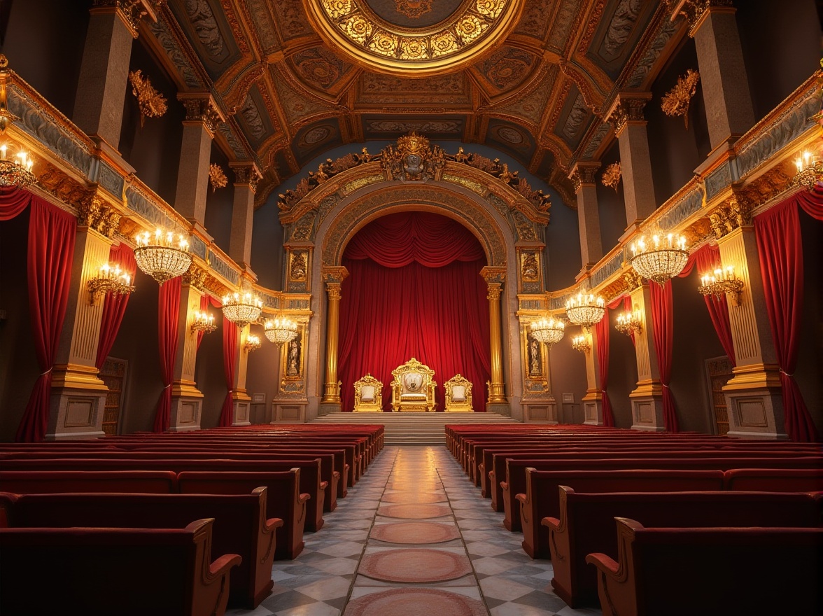 Prompt: Majestic Byzantine theater, grandeur architecture, ornate decorations, intricate mosaics, gold accents, red velvet curtains, ornate golden thrones, regal atmosphere, warm candlelight, majestic chandeliers, marble floors, ancient Greek statues, Romanesque columns, dramatic shadows, 3/4 composition, low-key lighting, cinematic mood.