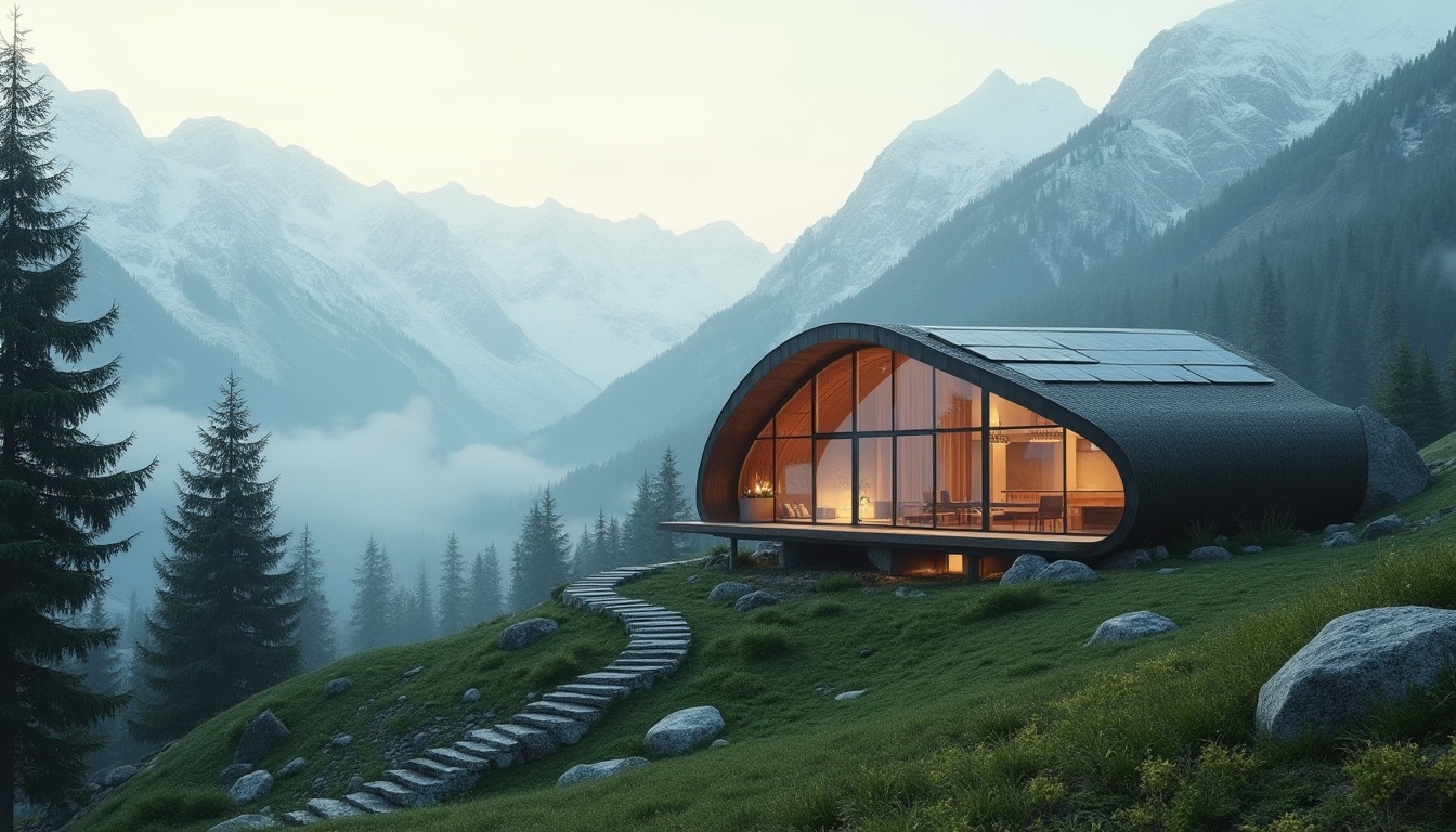 Prompt: Mountainous region, sustainable architecture, modern eco-friendly building, curved roof, green walls, solar panels, wooden structure, large windows, natural lighting, minimal environmental impact, snow-capped mountains, evergreen trees, misty atmosphere, foggy morning, serene valley, 3/4 composition, soft warm lighting, cinematic mood, ambient occlusion, realistic texture.