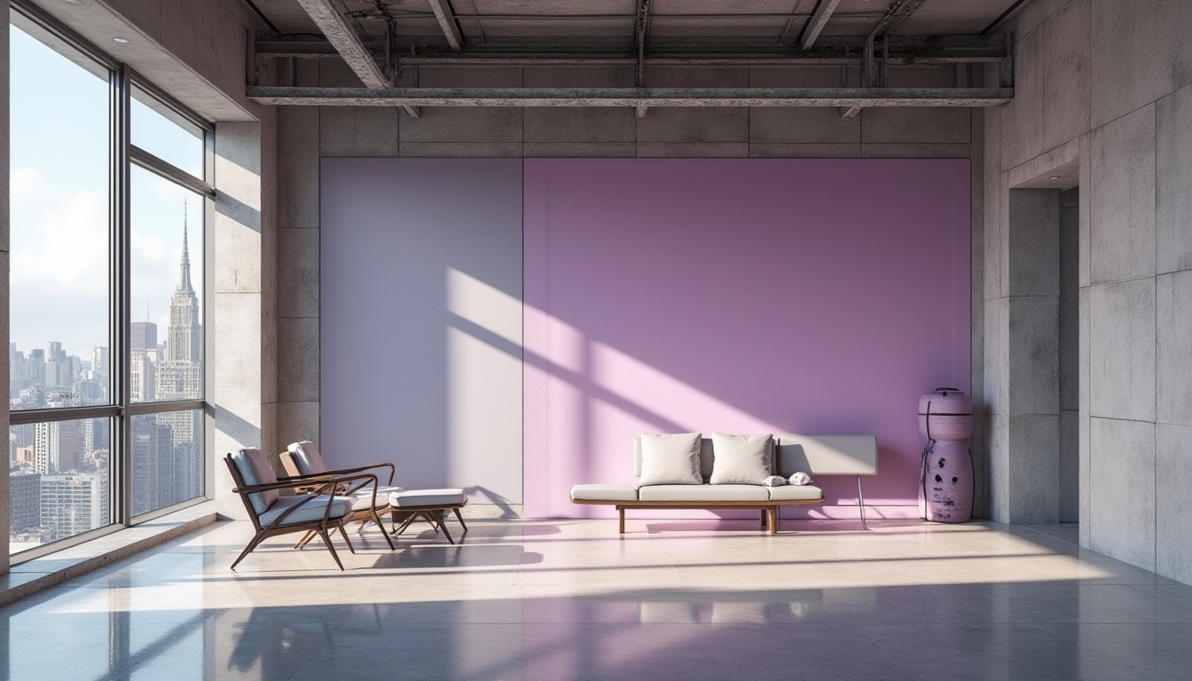 Prompt: Brutalist architecture, lilac accent wall, concrete texture, industrial material, minimalist decor, modern furniture, steel beam ceiling, large windows, urban cityscape view, sunny day, dramatic shadow, 3/4 composition, low-angle shot, cinematic lighting, bold color contrast, architectural photography.