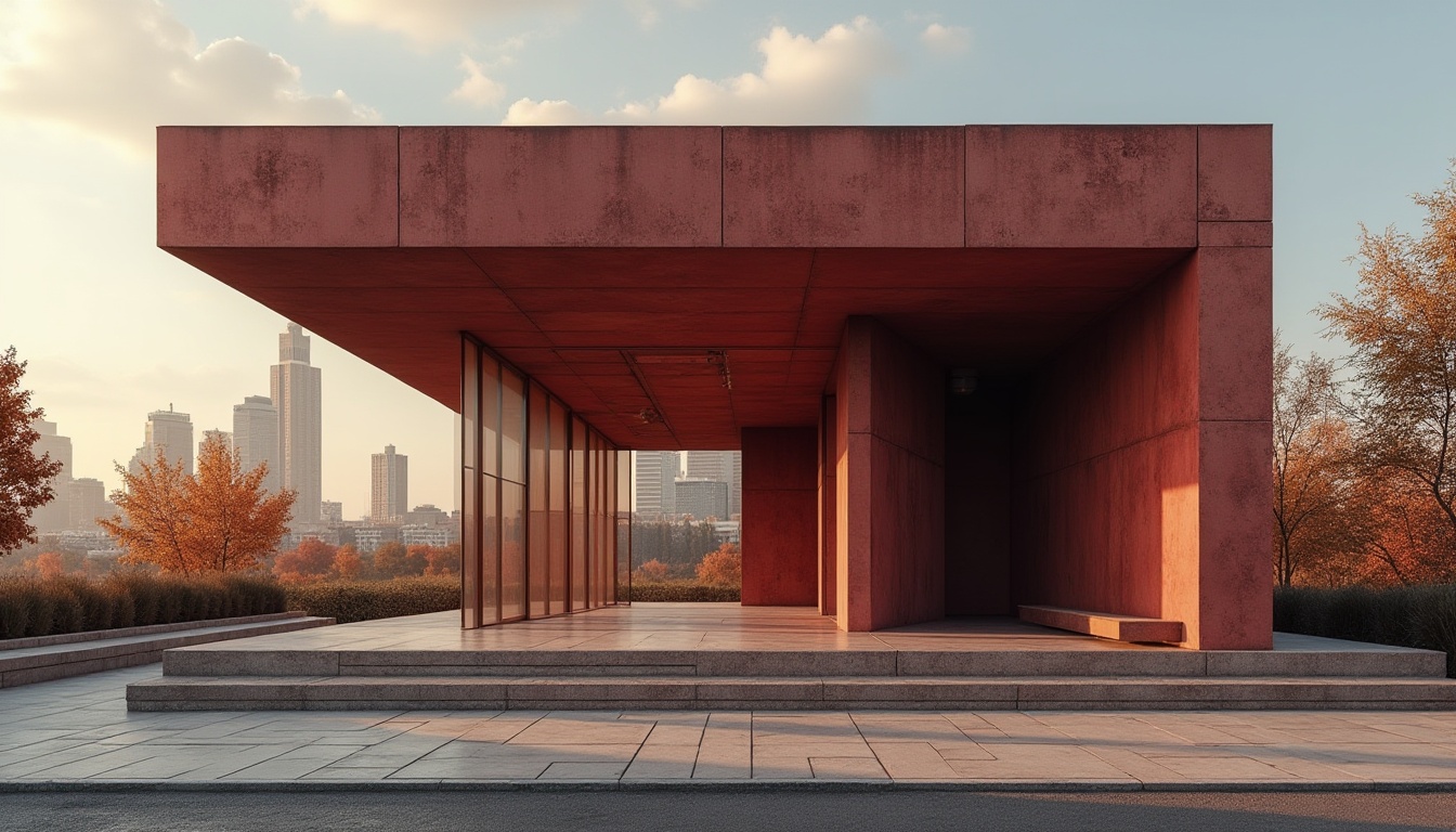 Prompt: Maroon-colored pavilion, brutalist architecture, geometric shapes, raw concrete texture, industrial-style metal frames, minimalist decor, angular lines, imposing structure, urban setting, cityscape background, afternoon sun casting dramatic shadows, warm ambient light, 3/4 composition, low-angle shot, emphasis on form and texture.