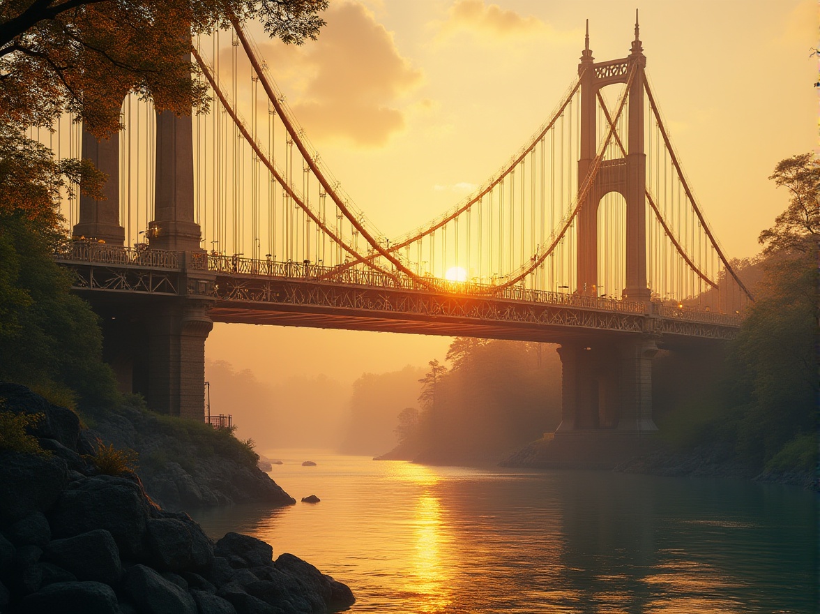 Prompt: Golden bridge, modern architecture, suspension design, gleaming golden steel cables, intricate latticework, ornate golden railings, majestic stone pillars, river flowing beneath, sunset time, warm golden light reflecting off the water, vibrant green trees lining the riverbank, misty atmosphere, soft focus, cinematic composition, 3/4 view angle, high contrast, dramatic lighting.