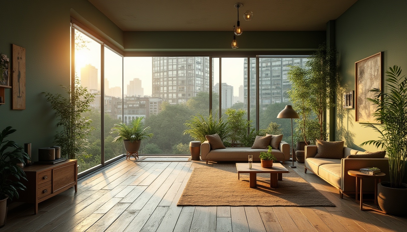 Prompt: Functional spaces, residential areas, modern architecture, minimalist interior, natural lighting, wooden floors, green walls, cozy atmosphere, comfortable furniture, plants decoration, large windows, sliding doors, outdoor seating area, urban garden, cityscape view, morning sunlight, warm color palette, simple composition.