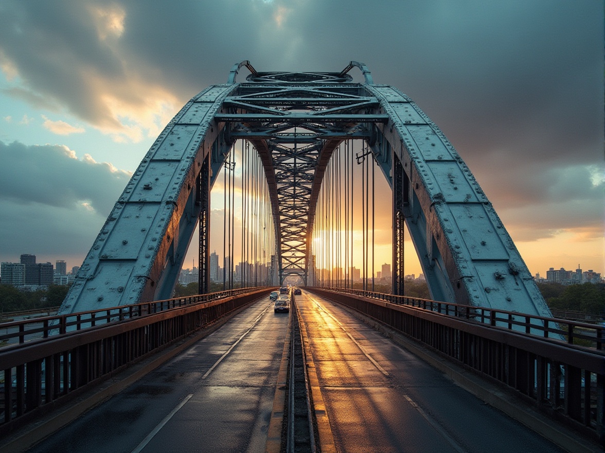 Prompt: Industrial landscape, steel bridge, strong arch shape, metallic material, rivets, silver color, reflective surface, urban cityscape, busy highway, moving cars, dramatic clouds, afternoon sun, low-angle shot, cinematic composition, high contrast, deep depth of field, detailed textures, realistic lighting.