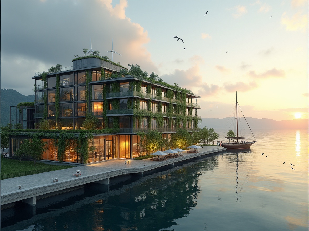 Prompt: Lakefront factory, green architecture, modern innovative design, glass facade, steel frame structure, minimalism, industrial chic, rooftop garden, vertical green wall, solar panels, wind turbines, eco-friendly materials, waterfront promenade, evening ambient lighting, calm lake reflections, distant mountains backdrop, sailboat docked nearby, seagulls flying overhead, warm sunset glow, 3/4 composition, panoramic view.