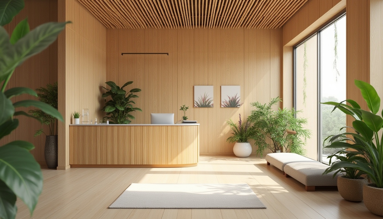 Prompt: Bamboo clinic interior, eco-friendly, sustainable material, natural texture, woven pattern, light wood tone, subtle sheen, organic feel, minimalist decor, calming atmosphere, soft lighting, 3/4 composition, serene ambiance, medical equipment, doctor's desk, waiting area, plants surrounding, peaceful environment.