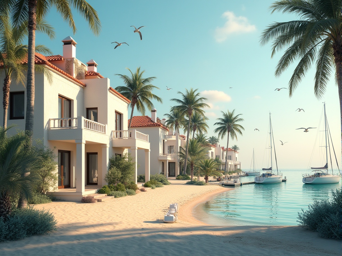 Prompt: Coastal social housing, classicism, symmetrical facade, white pillars, large windows, horizontal lines, simple yet elegant architecture, Mediterranean style, pastel color palette, stucco walls, red-tiled roofs, lush greenery, palm trees swaying gently, sandy beach, crystal clear turquoise water, sailboats docked at the pier, seagulls flying overhead, warm sunny day, soft golden lighting, 3/4 composition, depth of field, atmospheric perspective, serene ambiance, nostalgic feel.