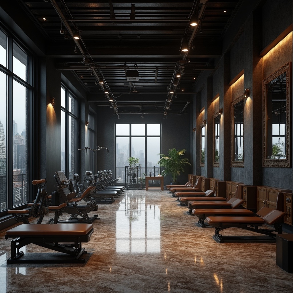 Prompt: Classic fitness club, luxurious atmosphere, steel beams, industrial chic, high ceiling, marble floor, grand staircase, ornate columns, steel-framed mirrors, metallic color scheme, dimmed lighting, dramatic shadows, spotlights on equipment, steel weights, leather benches, wooden lockers, retro-style exercise machines, steel bars, minimalist decorations, urban landscape outside, city skyscrapers in the background, misty windows, 3/4 composition, low-angle shot.