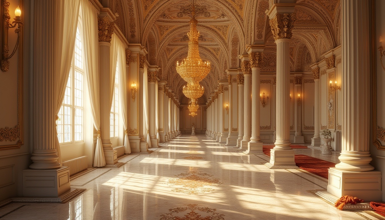 Prompt: Byzantine style, cream color, luxurious interior, intricate mosaics, golden accents, ornate pillars, grand chandeliers, lavish furnishings, velvet drapes, rich tapestries, regal atmosphere, majestic architecture, warm soft lighting, detailed textures, realistic materials.