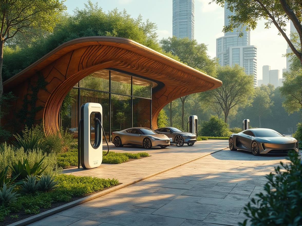 Prompt: Urban charging station, organic architecture, futuristic, sleek lines, curved roof, greenery walls, vines crawling up, natural materials, wood accents, large windows, abundant natural light, eco-friendly, sustainable, electric cars, sleek designs, metallic bodies, charging ports, urban jungle, cityscape, skyscrapers in background, sunny day, warm ambient lighting, 3/4 composition, high-angle shot.