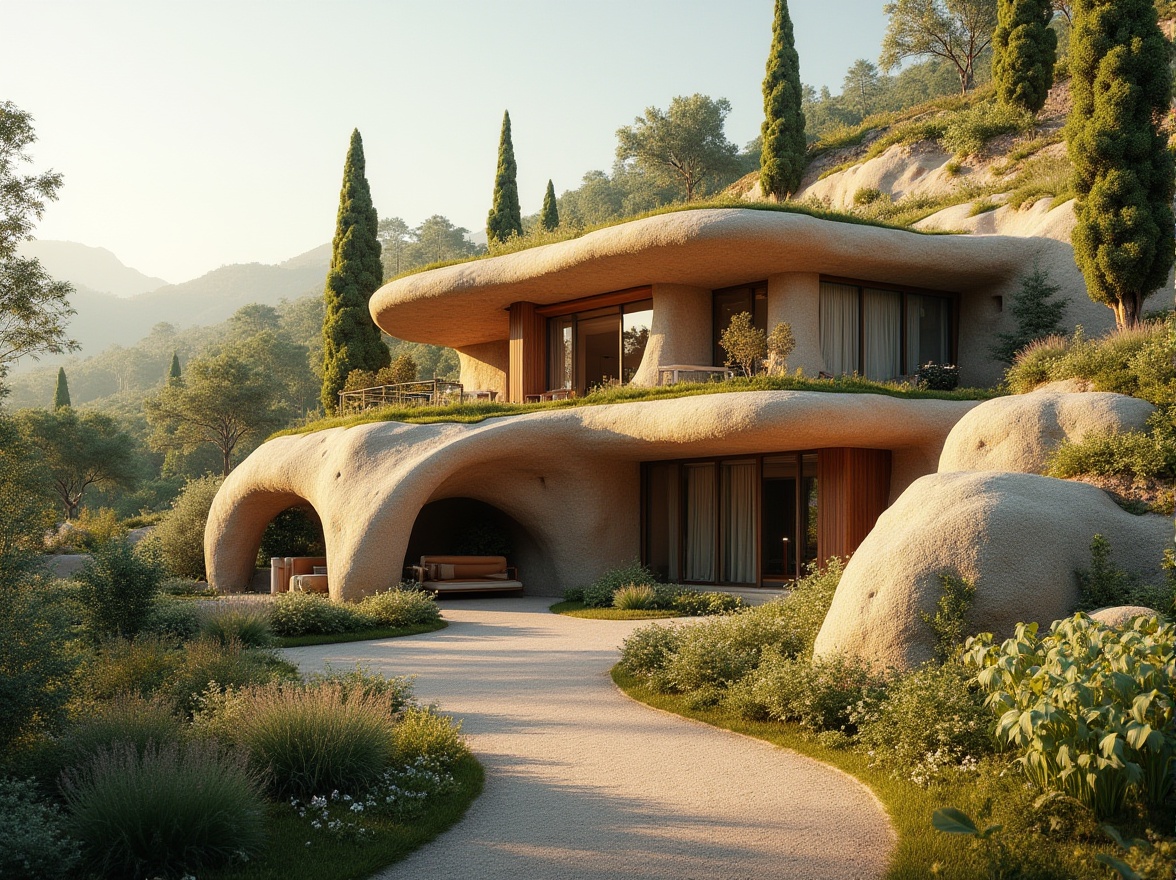 Prompt: Natural landscape, earthy tone, rammed earth material, modern architecture, sustainable design, eco-friendly, villa, residential, green roof, lush vegetation, wooden accents, large windows, natural light, cozy atmosphere, warm beige color scheme, textured walls, organic shape, curved lines, serene ambiance, peaceful surroundings, morning sunlight, soft shadows, 3/4 composition, realistic rendering.