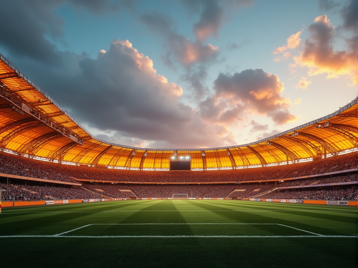 Prompt: Amber color stadium, unique architectural design, modern curved lines, transparent glass walls, metallic structures, bright amber lighting, warm atmosphere, evening scene, sunset sky, clouds reflecting off glass, soccer field, green grass, white lines, goalposts, cheering crowds, dynamic camera angle, panoramic view, cinematic composition, high contrast, vibrant colors.