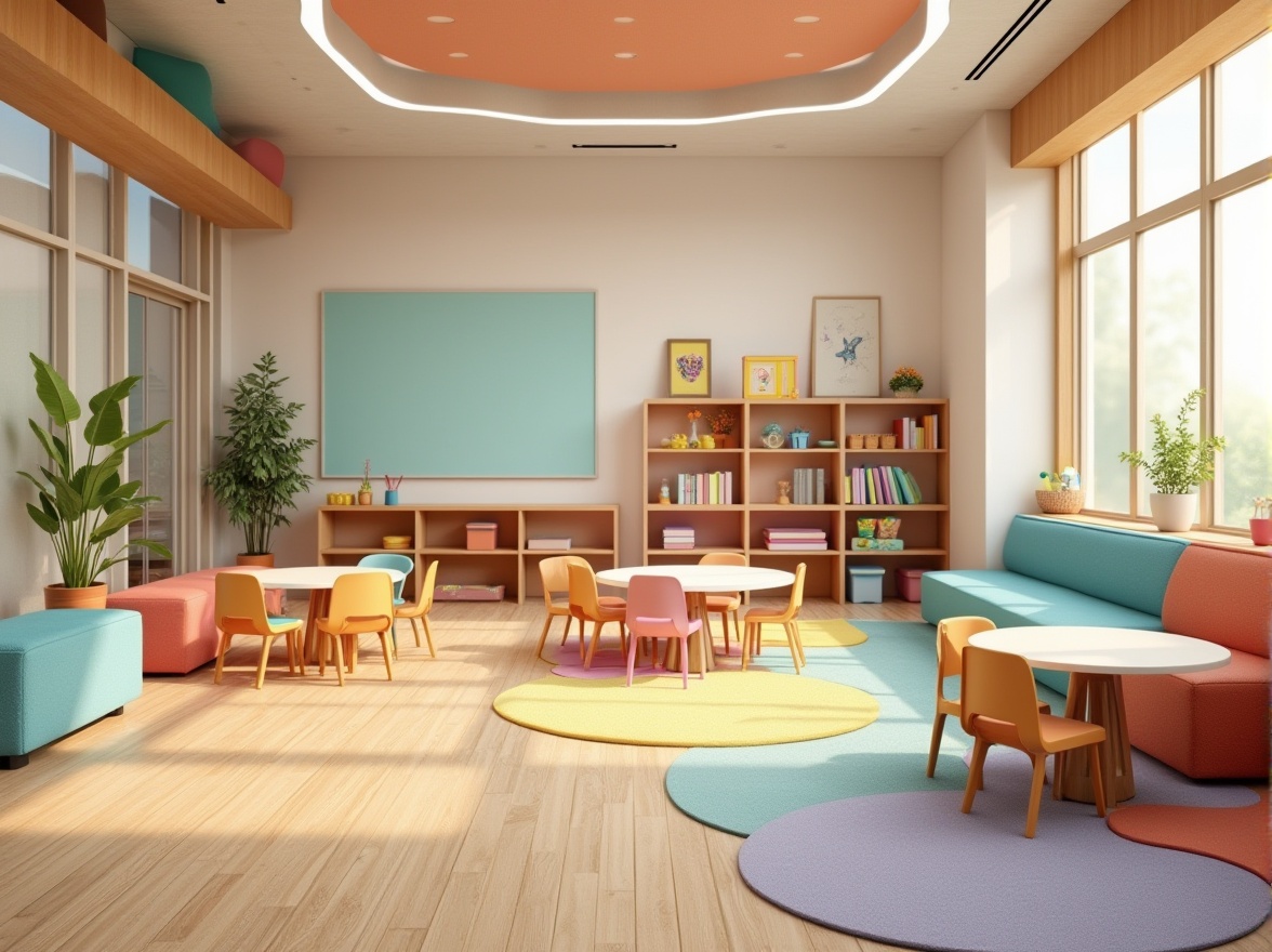 Prompt: Colorful kindergarten space, modern minimalist interior design, circular tables, ergonomic chairs, soft cushioned sofas, vibrant rug patterns, educational posters, alphabet wall art, wooden shelves, stacked bookcases, interactive whiteboards, natural light pouring in through large windows, plants with rounded leaves, gentle wood accents, playful geometric shapes, stimulating color scheme, cozy reading nook, collaborative learning area, circular activity zones, soft pastel colors, textured walls, 3/4 composition, warm ambient lighting.