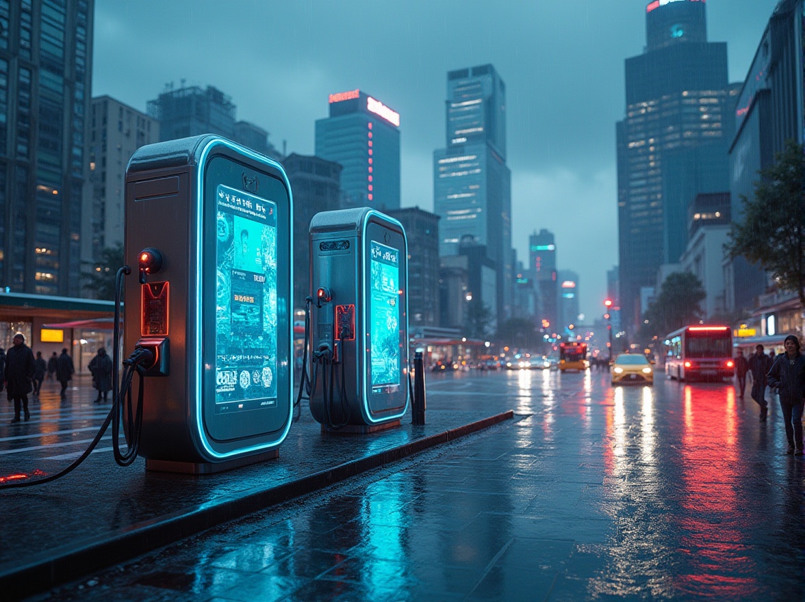 Prompt: Urban charging station, futuristic design, sleek lines, metallic materials, LED lights, digital display screens, modern architecture, cityscape background, skyscrapers, busy streets, pedestrians walking by, cars and buses driving past, rainy day, dramatic clouds, cinematic composition, 3/4 view, shallow depth of field, vibrant colors, high-contrast lighting, realistic reflections.