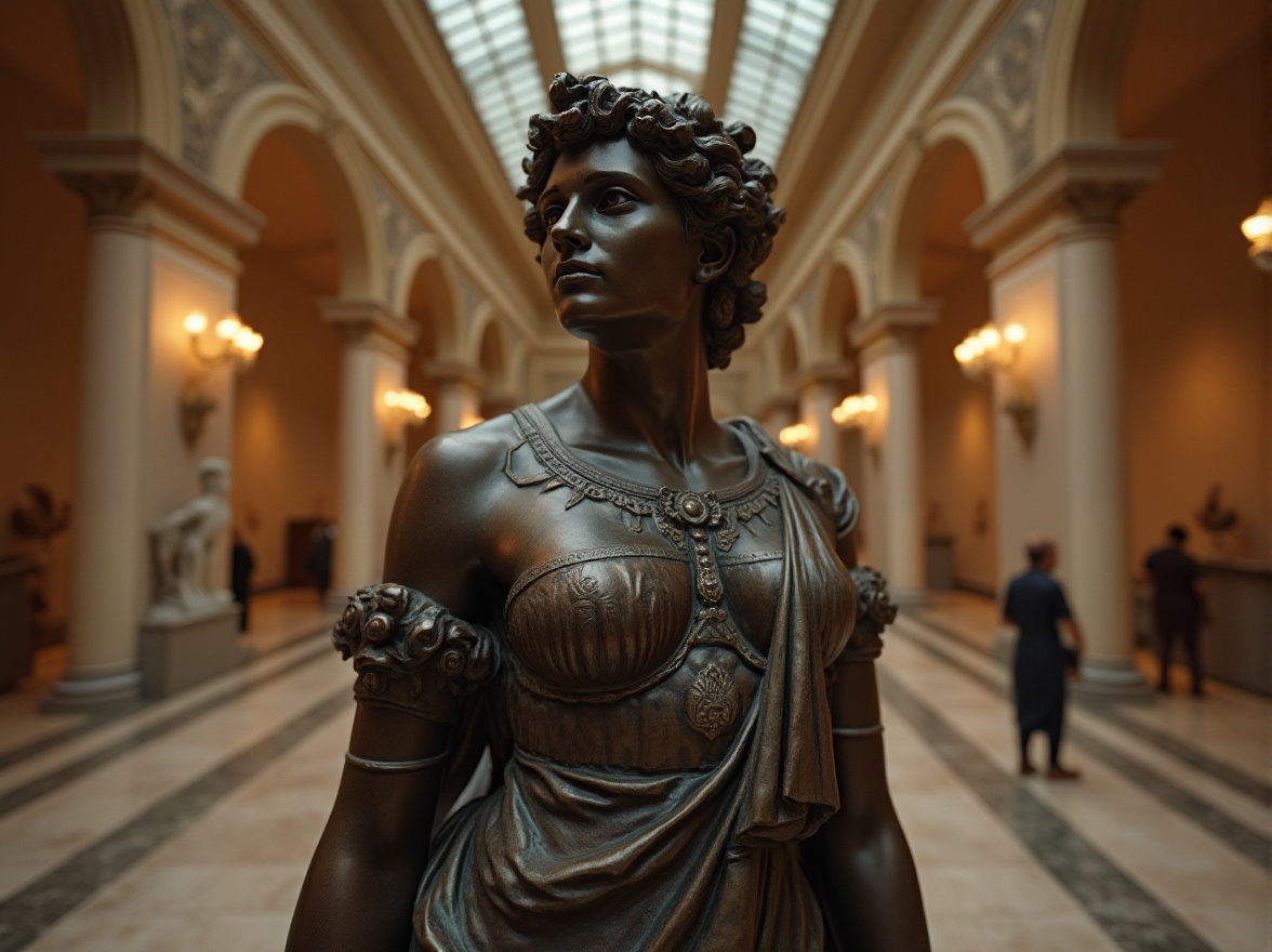 Prompt: Bronze statue, ornate details, luxurious texture, ancient Greece-inspired architecture, museum interior, grand hall, high ceiling, marble floor, soft warm lighting, subtle shadows, elegant composition, 3/4 view, slight low-angle shot, realistic rendering, high-end aesthetic, sophisticated atmosphere.