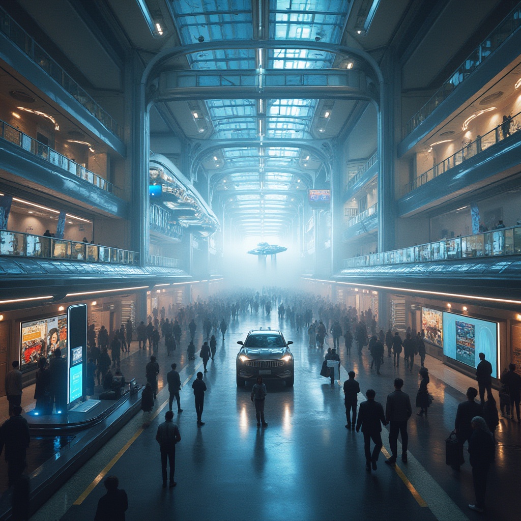 Prompt: Futuristic transportation hub, sleek modern architecture, gleaming metallic surfaces, neon lights, bustling crowd, holographic advertisements, levitating cars, hyperloop tubes, robotic assistants, virtual reality info booths, panoramic cityscape, atmospheric fog, softbox lighting, 3/4 composition, shallow depth of field, cinematic mood, HDR, symmetrical framing.