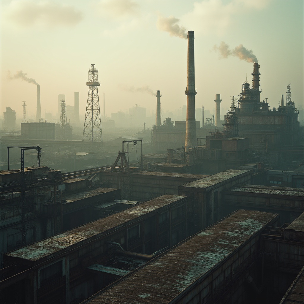 Prompt: Industrial area, cityscape, factory buildings, steel structures, complex piping systems, machinery, conveyor belts, warehouses, cranes, smokestacks, urban landscape, pollution, industrial pollution, environmental concerns, misty atmosphere, foggy morning, warm lighting, cinematic composition, 3/4 view, low angle shot, rusted metal, worn concrete, peeling paint, neglected surroundings.