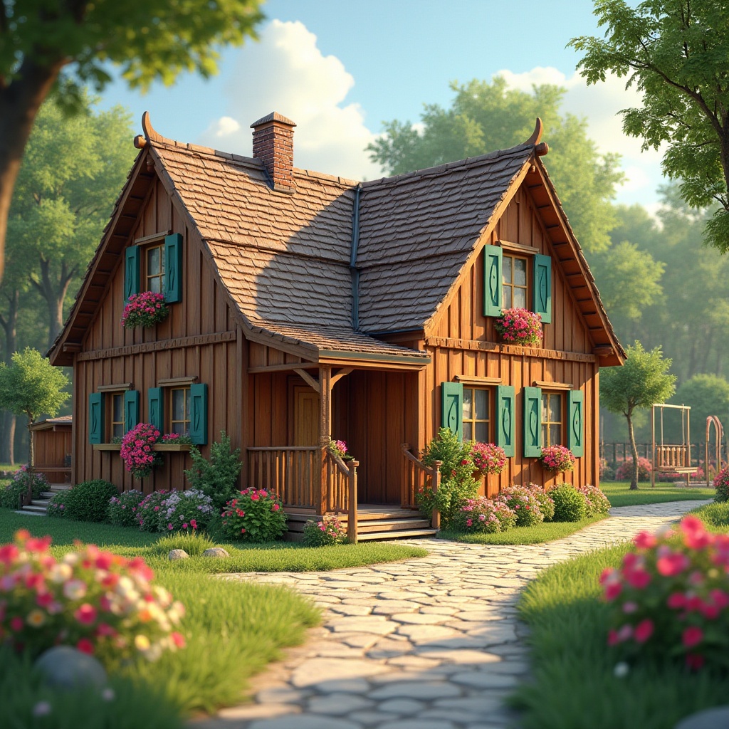 Prompt: Rustic kindergarten building, regionalism style, wooden structure, pitched roof, chimney, colorful windows, flower-patterned curtains, natural material texture, cozy atmosphere, surrounded by lush greenery, trees with swing sets, vibrant flowers in planters, winding stone path, outdoor playground equipment, sunny day, warm soft lighting, shallow depth of field, whimsical composition.