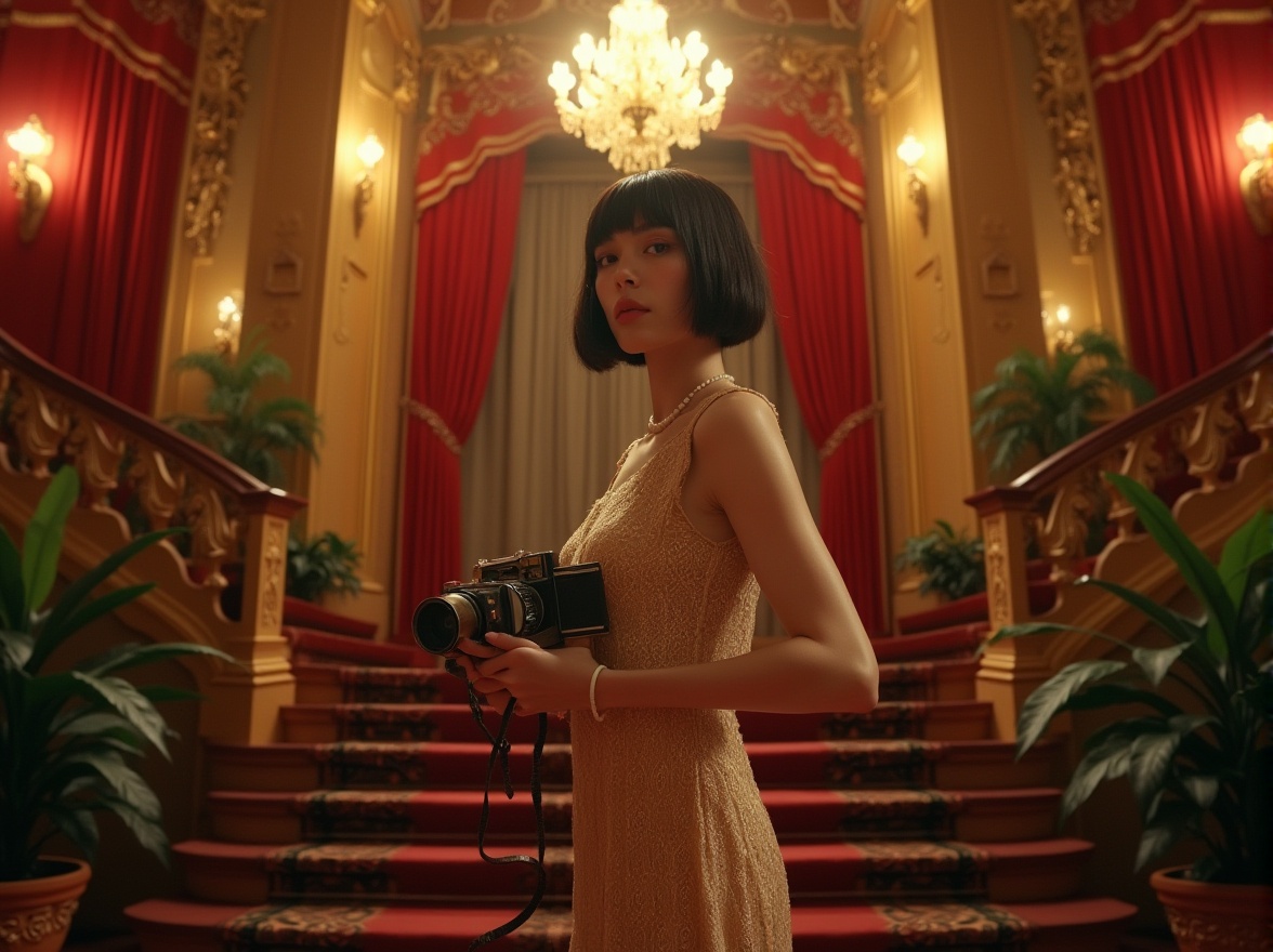 Prompt: Art Nouveau cinema, luxurious interior, ornate decorations, grand staircase, velvet red curtains, golden accents, intricate moldings, crystal chandeliers, lush green plants, elegant female figure, 1920s flapper dress, pearl necklace, bobbed hair, holding a vintage camera, posing, dramatic spotlight, warm golden lighting, cinematic composition, low-angle shot, ornate frame borders, film reel, clapboard, nostalgic atmosphere.