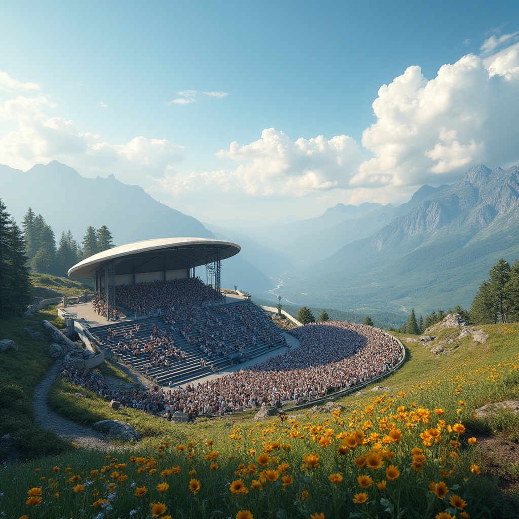 Prompt: Plateau, enhanced spectator experience, grandstand, tiered seating, majestic mountain range background, clear blue sky, fluffy white clouds, lush green grass, vibrant wildflowers, gentle breeze, soft natural light, warm atmosphere, 3/4 composition, panoramic view, depth of field, dramatic shadows, cinematic lighting, HDR, ultra-high definition, realistic textures, detailed architecture, modern amenities, comfortable seating, excited crowd, cheering fans, energetic performers, lively music, festive decorations.