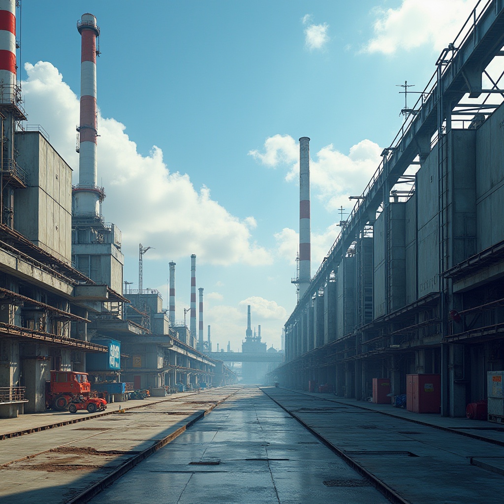 Prompt: Industrial area, urban planning, modern architecture, steel structure, metal walls, concrete floors, factory buildings, warehouse, smokestacks, cranes, industrial pipes, machinery, urban landscape, cityscape, blue sky, white clouds, sunny day, low-angle shot, dynamic composition, dramatic lighting, futuristic atmosphere.