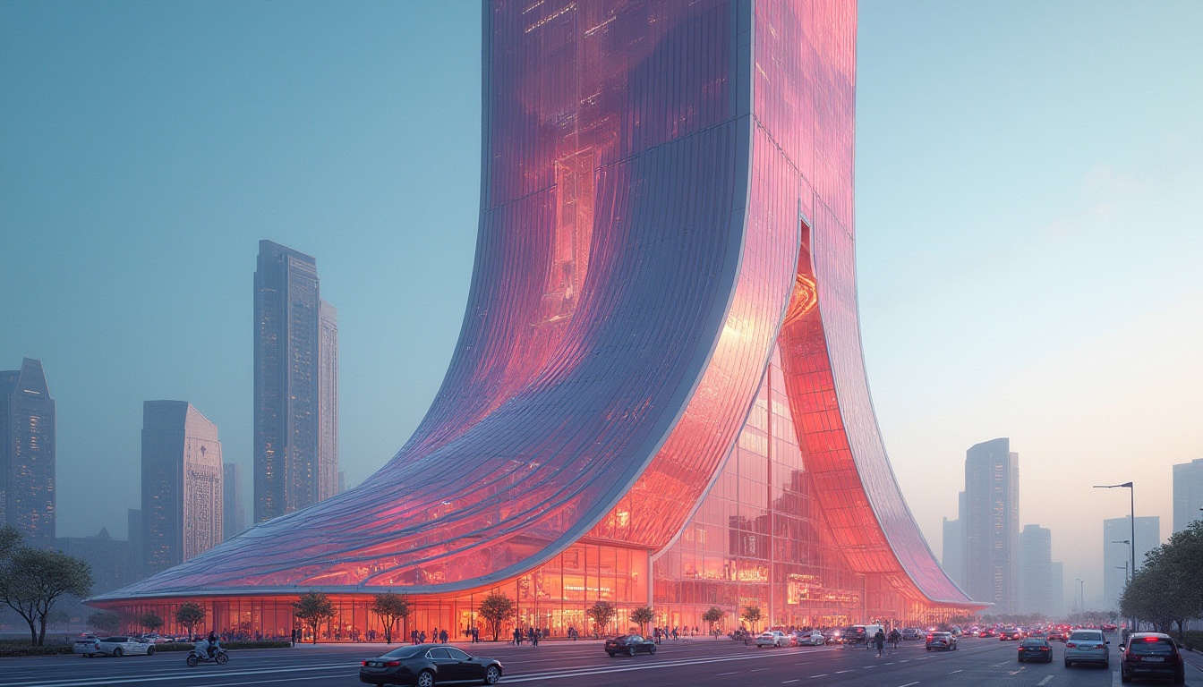 Prompt: Coral-colored skyscraper, futuristic architecture, sleek glass façade, curved lines, abstract geometric patterns, vibrant coral hue, neon lights, urban cityscape, bustling streets, daytime, clear blue sky, few white clouds, 3/4 composition, cinematic lighting, depth of field, dramatic shadows, detailed textures.