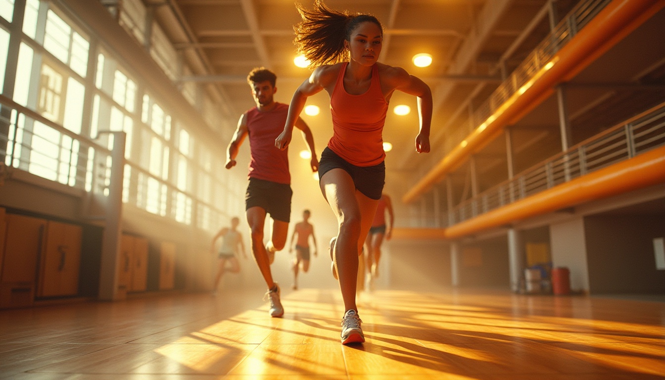 Prompt: Golden accents, modern gymnasium interior, vibrant atmosphere, athletic young adults, dynamic poses, sporty clothing, sneakers, fitness equipment, wooden flooring, metallic railings, bright overhead lighting, warm golden tones, motivational quotes, energetic ambiance, shallow depth of field, 3/4 composition, symmetrical framing, softbox lighting, afternoon sunlight streaming through large windows.