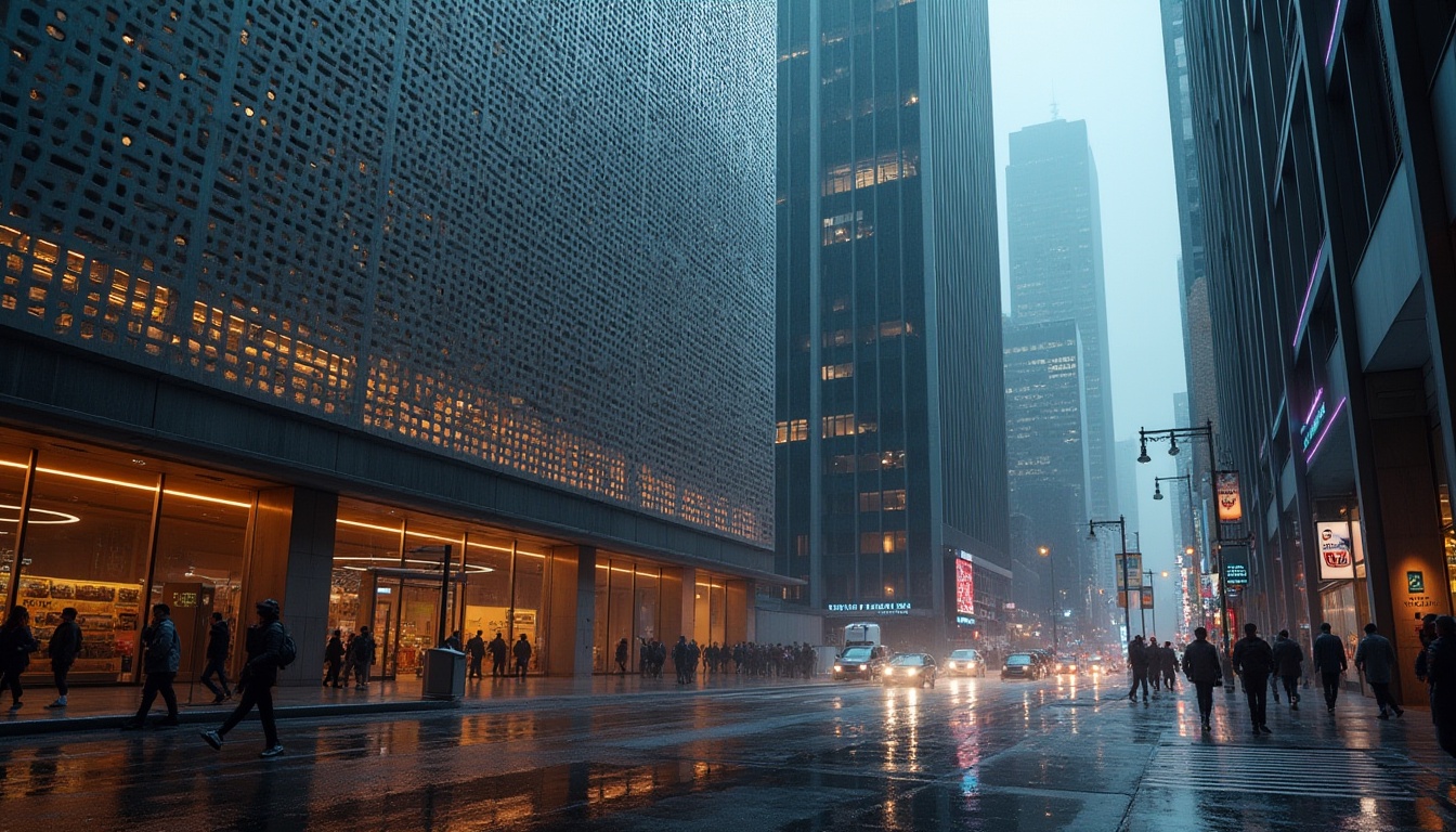 Prompt: Urban cityscape, modern architecture, perforated metal facade, abstract geometric patterns, silver-gray tone, industrial material, textured surface, reflective lighting, night scene, skyscraper, bustling streets, neon lights, city sounds, pedestrian traffic, rainy atmosphere, misty fog, cinematic composition, low-angle shot, dramatic shadows.