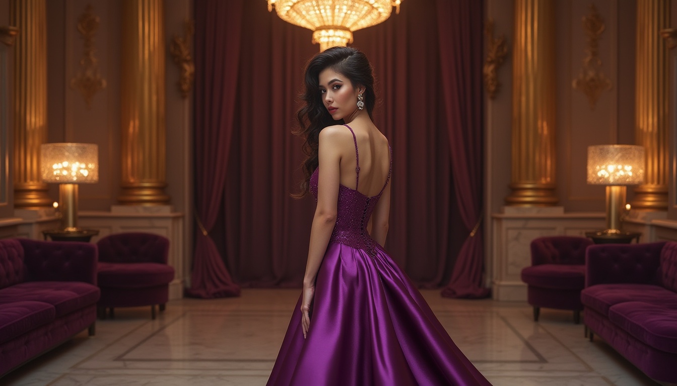 Prompt: Amethyst color, luxurious atmosphere, regal woman, 30s, glamorous makeup, bold eyeliner, full eyebrows, curly dark hair, diamond earrings, satin evening gown, corseted waist, floor-sweeping train, high heels, velvet fabric, soft focus, warm lighting, ornate golden frame, lavish interior, marble floor, crystal chandelier, dramatic drapes.