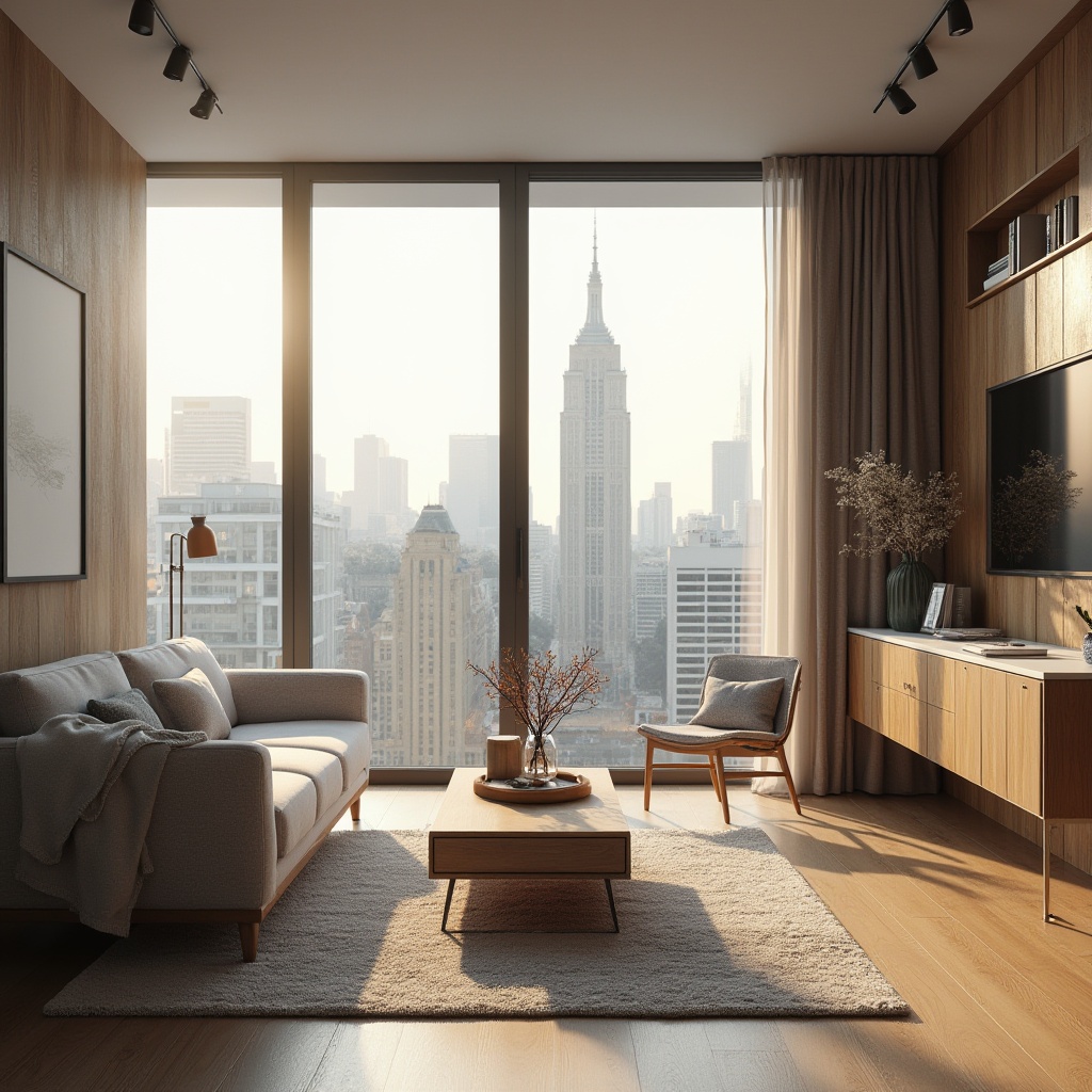 Prompt: Modern functional space, residential area, cozy atmosphere, large windows, natural light, wooden floor, minimalist decor, sleek lines, comfortable sofa, pillows, coffee table, vase with flowers, bookshelf, soft carpet, warm lighting, 3/4 composition, shallow depth of field, calm colors, Scandinavian style, urban landscape, city view, skyscraper, sunny day, gentle breeze.